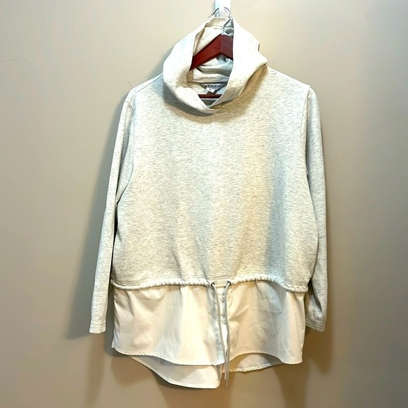Athleta Hoodie Heather Gray & white Poplin Long Sleeve Tie waist Popover Top - Picture 11 of 12